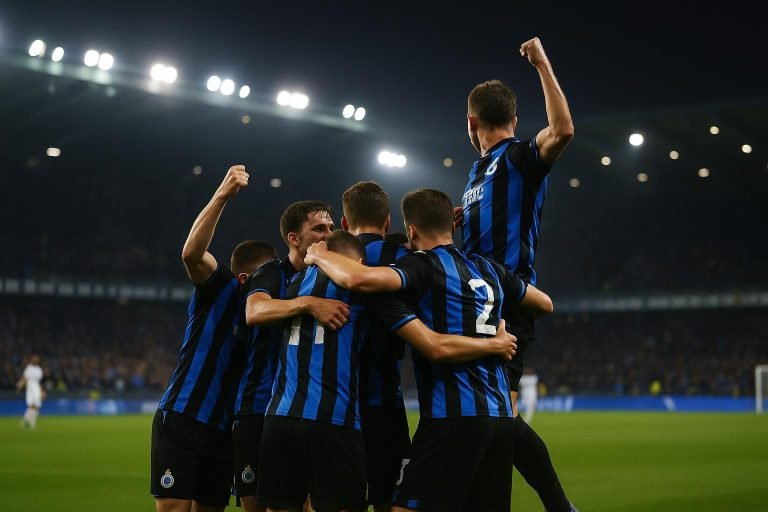 Spelers van Club Brugge vieren een doelpunt in het Jan Breydelstadion tijdens de Champions League