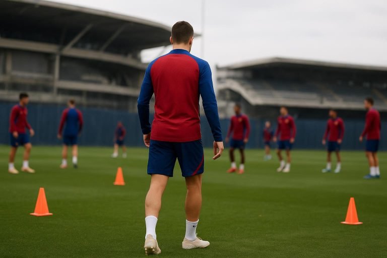 Training van FC Barcelona met spelers op het veld, zonder herkenbare gezichten