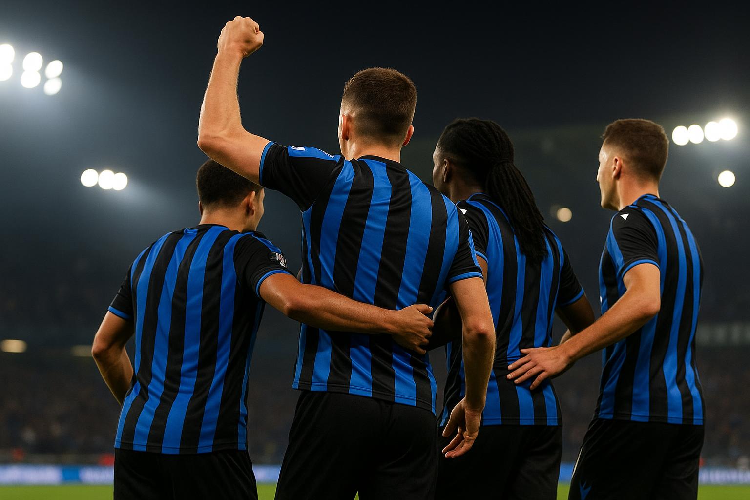 Spelers van Club Brugge vieren op het veld na de late gelijkmaker tegen Atlético Madrid.