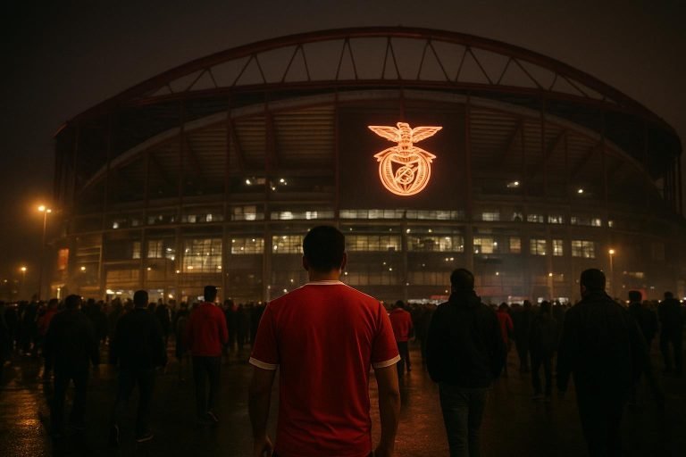 Sfeerbeeld van het Estádio da Luz bij een wedstrijd van SL Benfica, zonder herkenbare supporters.