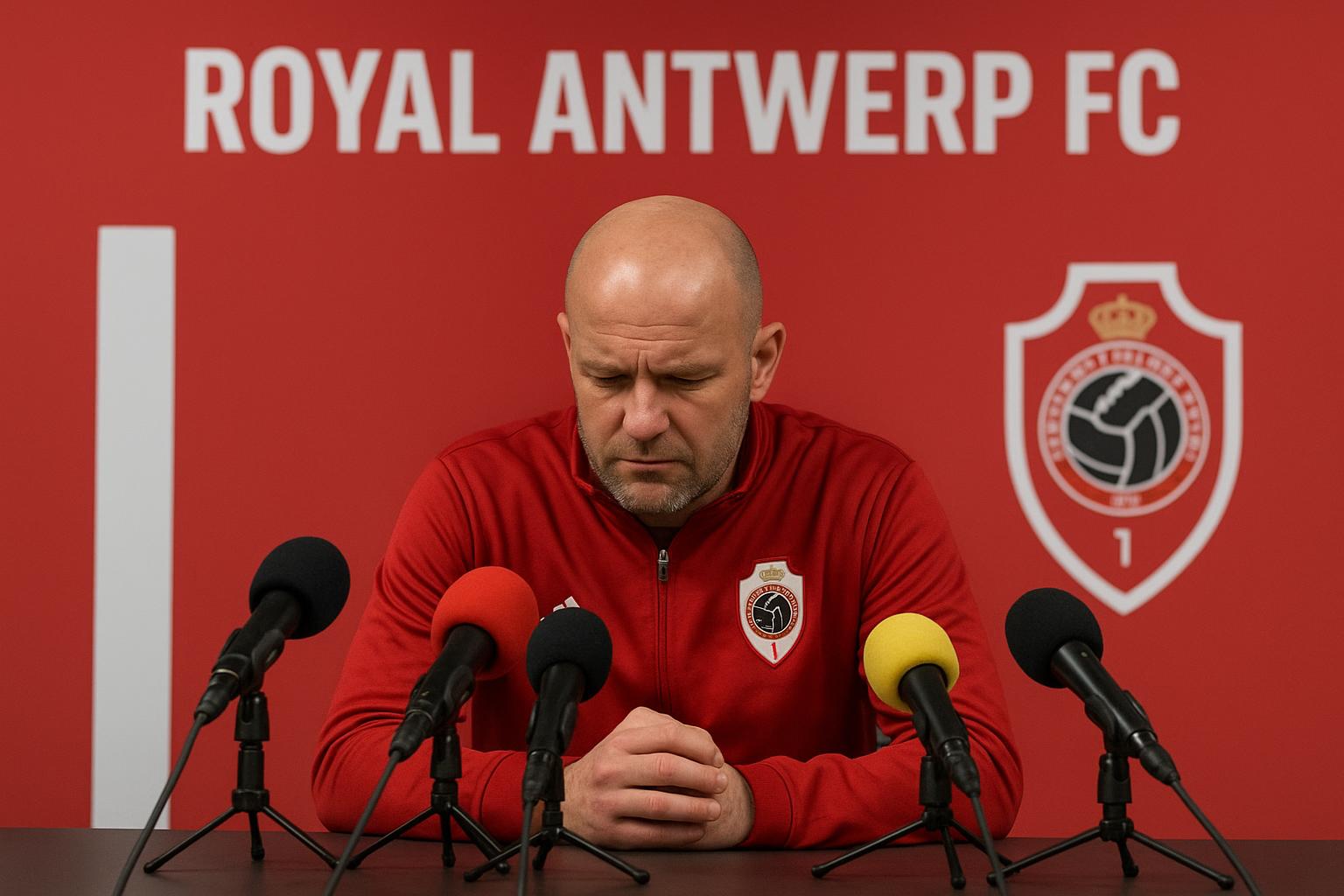 Joseph Oosting langs de zijlijn bij Royal Antwerp FC tijdens een gespannen moment