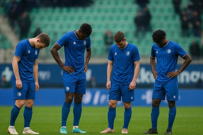 Teleurgestelde spelers van KAA Gent na de thuisnederlaag tegen Cercle Brugge