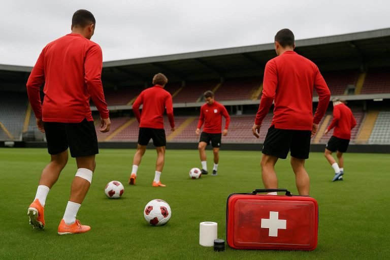 Training bij Standard Luik met spelers en medische staf op de achtergrond in Sclessin