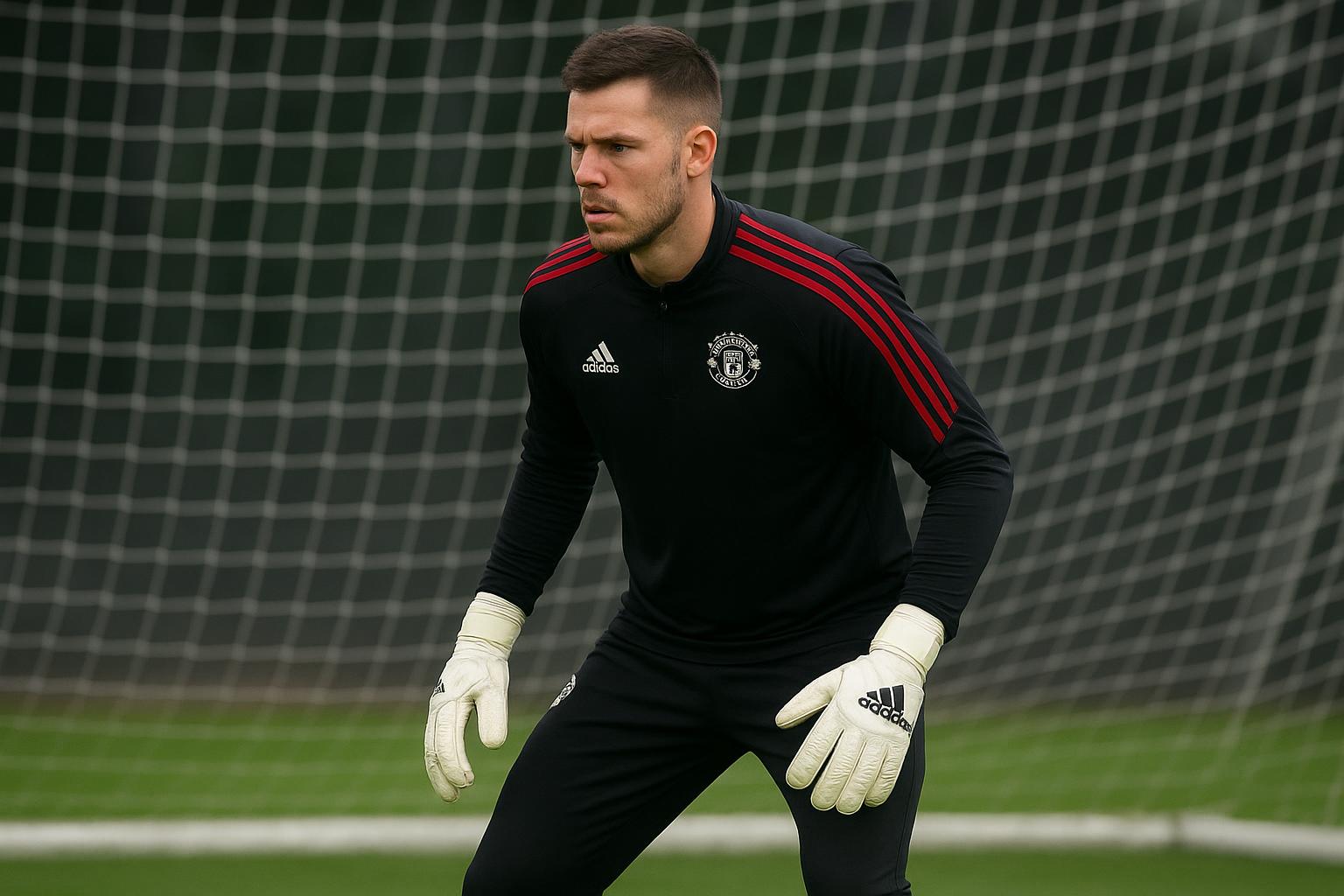 Senne Lammens in doelmancontext bij Manchester United, met focus op handschoenen en doelnet