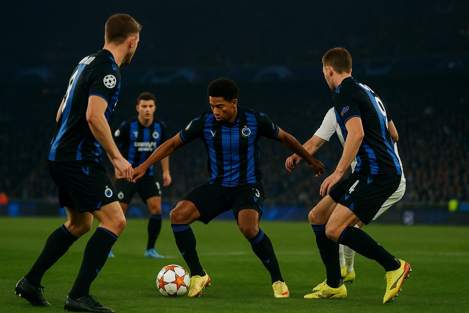 Spelers van Club Brugge in een Champions League-wedstrijd in een verlicht stadion