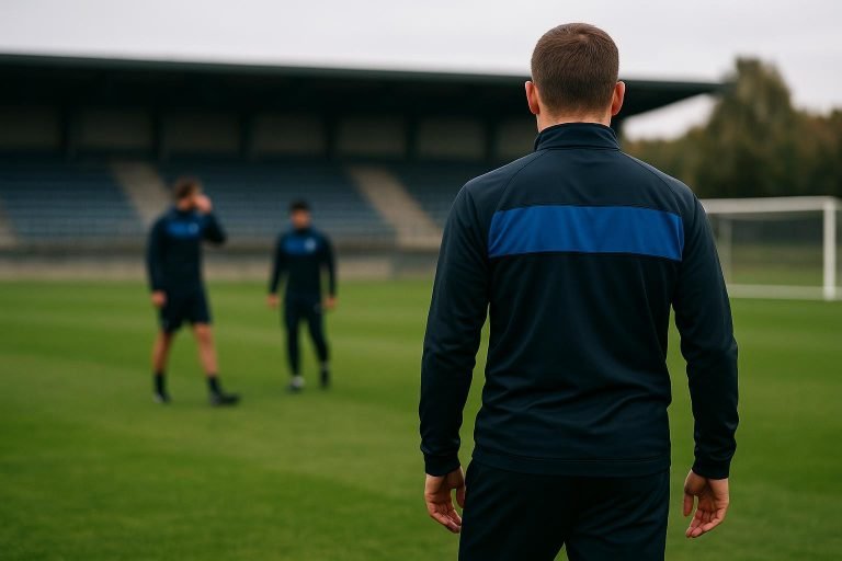 Nicolo Tresoldi van Club Brugge op training, gezien vanop afstand zonder herkenbare gezichten