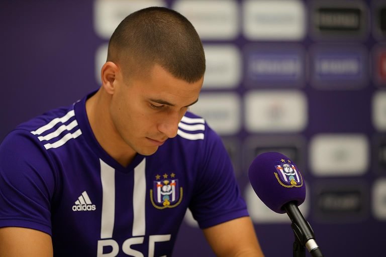 Olivier Deschacht tijdens een persmoment in een stadionomgeving