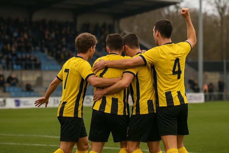 STVV-spelers vieren een doelpunt tijdens de 1-4-zege op het veld van Dender