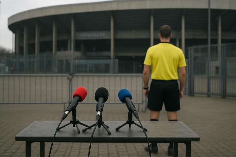Een neutrale sfeerfoto rond een wedstrijdorganisatie met een scheidsrechter in beeld zonder herkenbare gezichten
