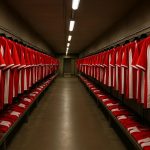 Sfeerbeeld in het Bosuilstadion bij Royal Antwerp FC rond een expo met historische rood-witte shirts