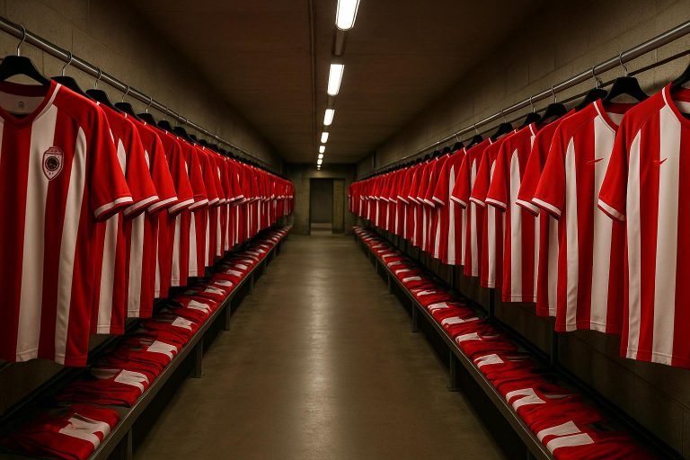 Sfeerbeeld in het Bosuilstadion bij Royal Antwerp FC rond een expo met historische rood-witte shirts