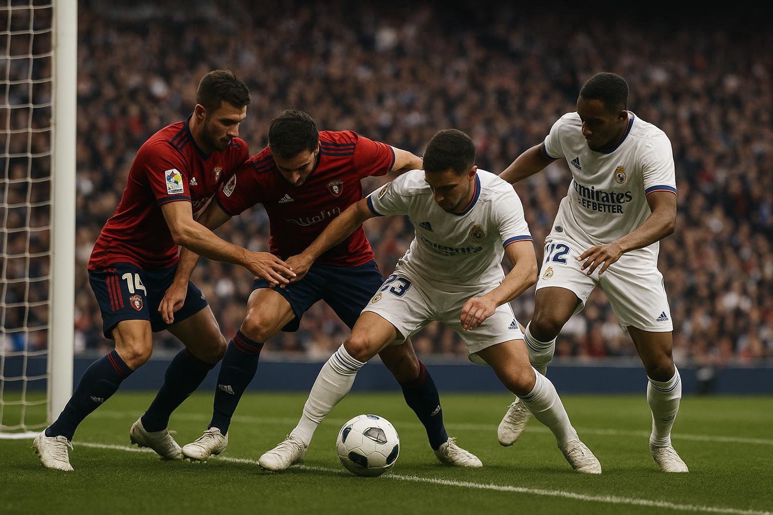 Actiebeeld uit Osasuna-Real Madrid in Pamplona, met duel in het strafschopgebied