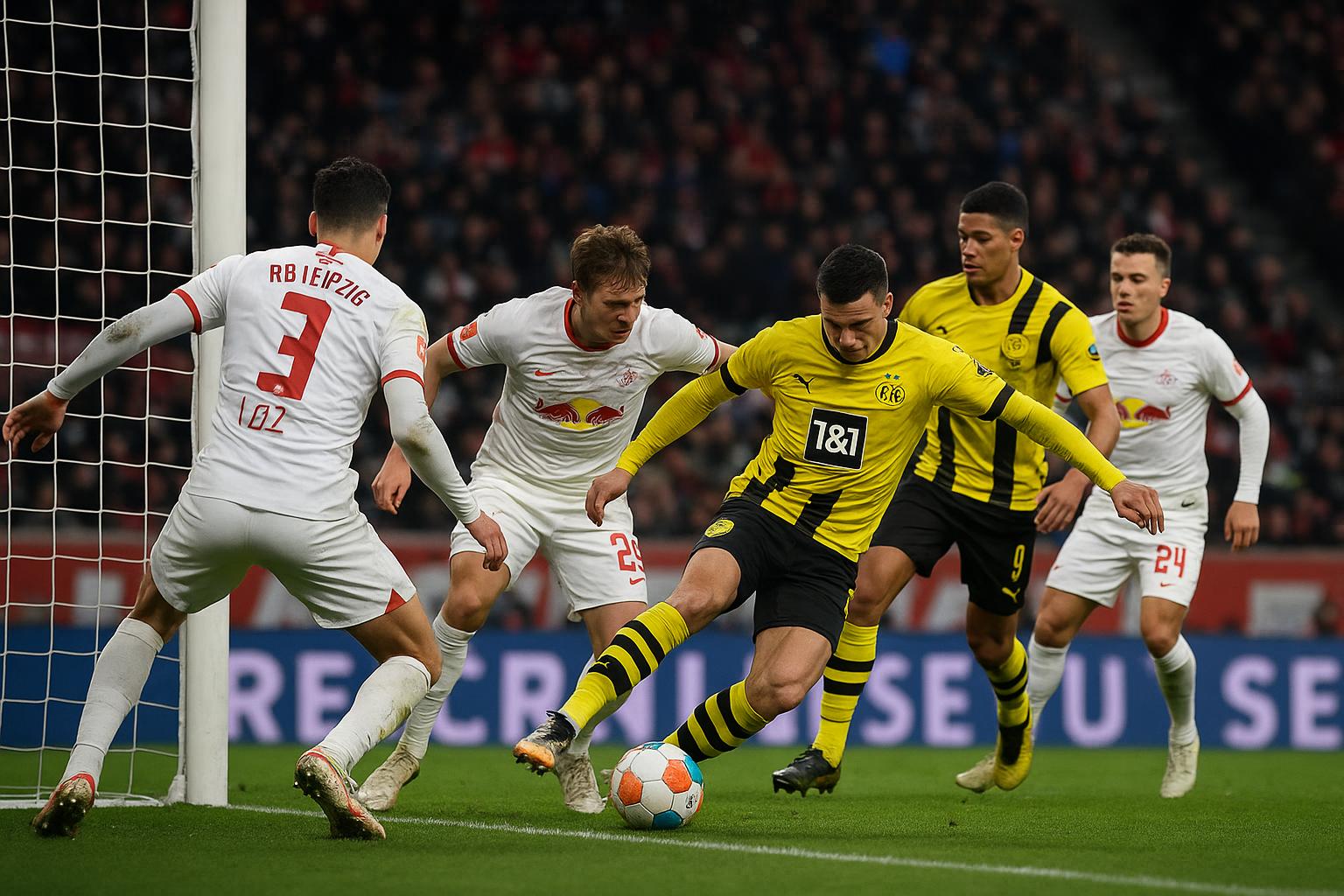 Spelmoment tijdens RB Leipzig tegen Borussia Dortmund in de Bundesliga