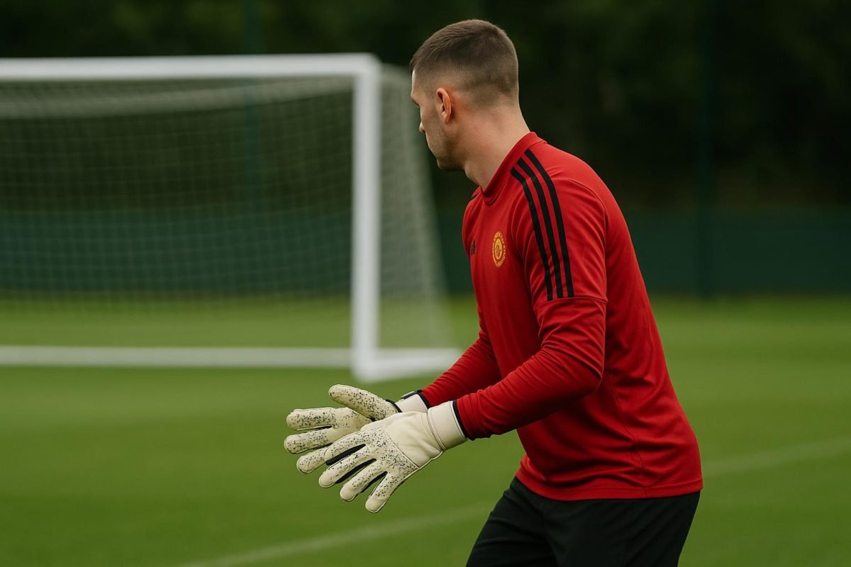 Senne Lammens in keepersoutfit bij Manchester United tijdens een trainingsmoment