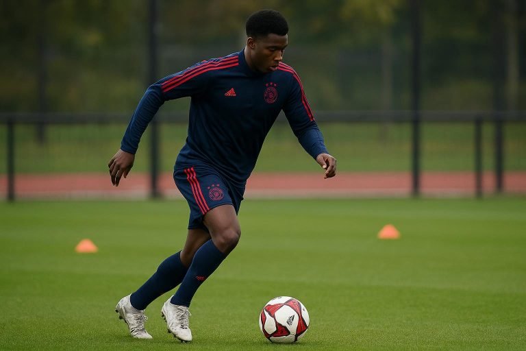Sfeerbeeld van een training in Ajax-kledij zonder herkenbare gezichten