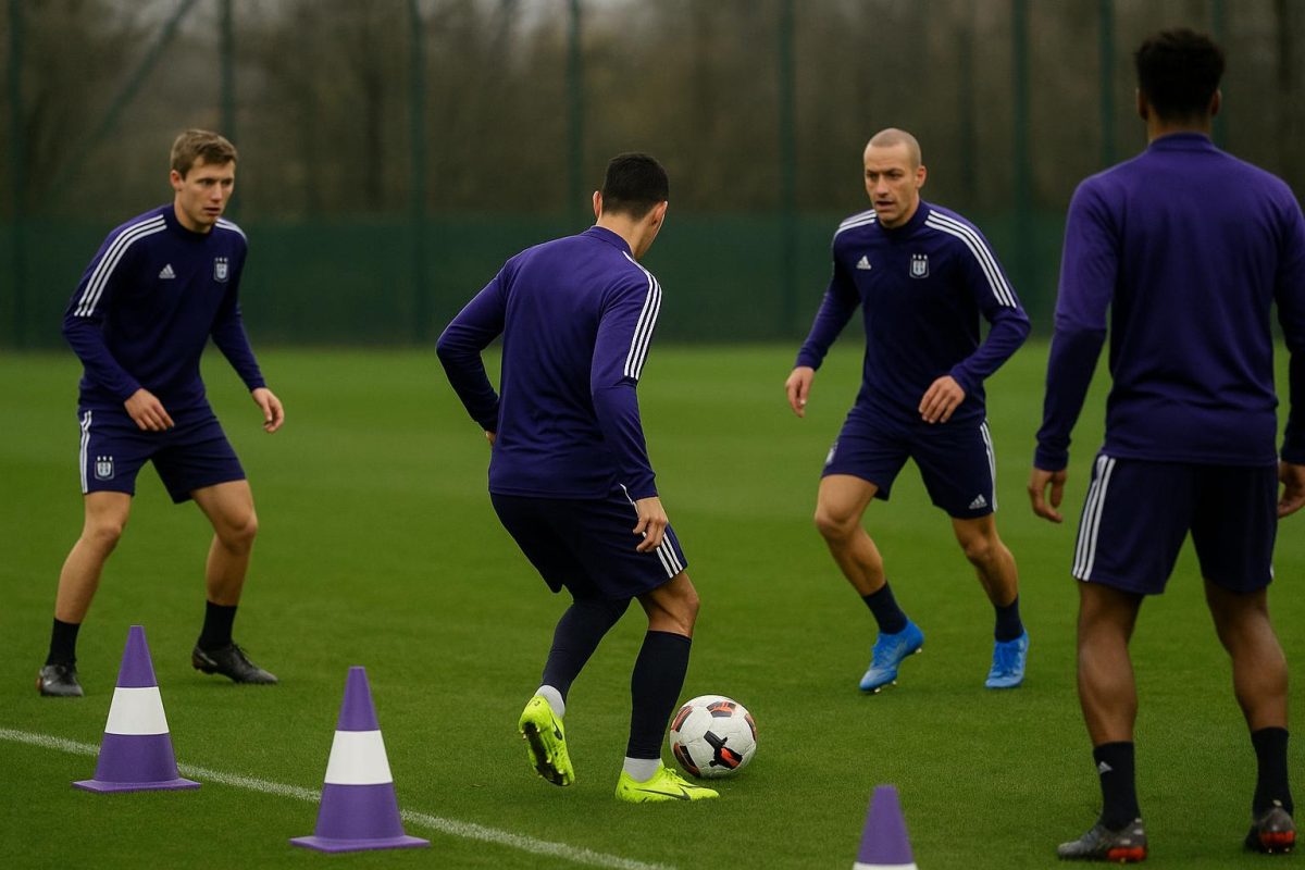 Spelers van RSC Anderlecht op training in het Lotto Park, gezien vanop afstand
