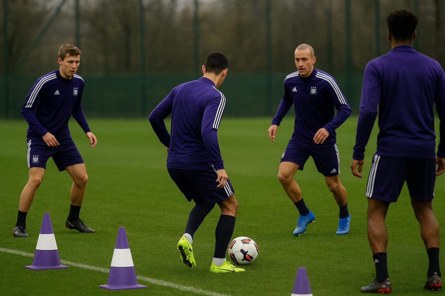 Spelers van RSC Anderlecht op training in het Lotto Park, gezien vanop afstand