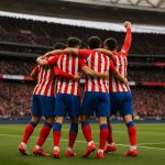 Spelers van Atlético Madrid vieren een doelpunt in het Metropolitano
