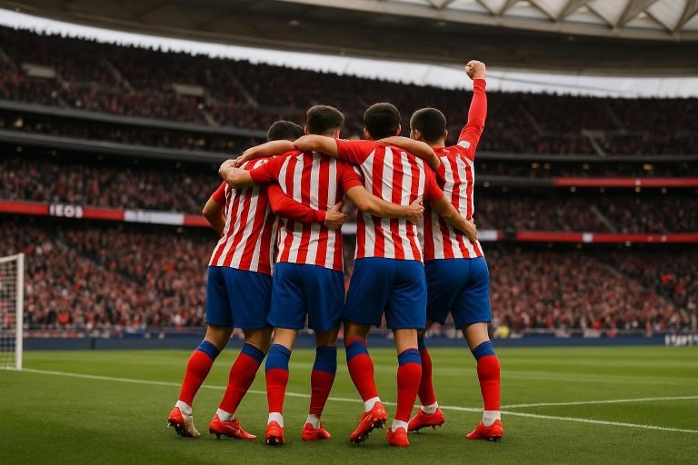 Spelers van Atlético Madrid vieren een doelpunt in het Metropolitano