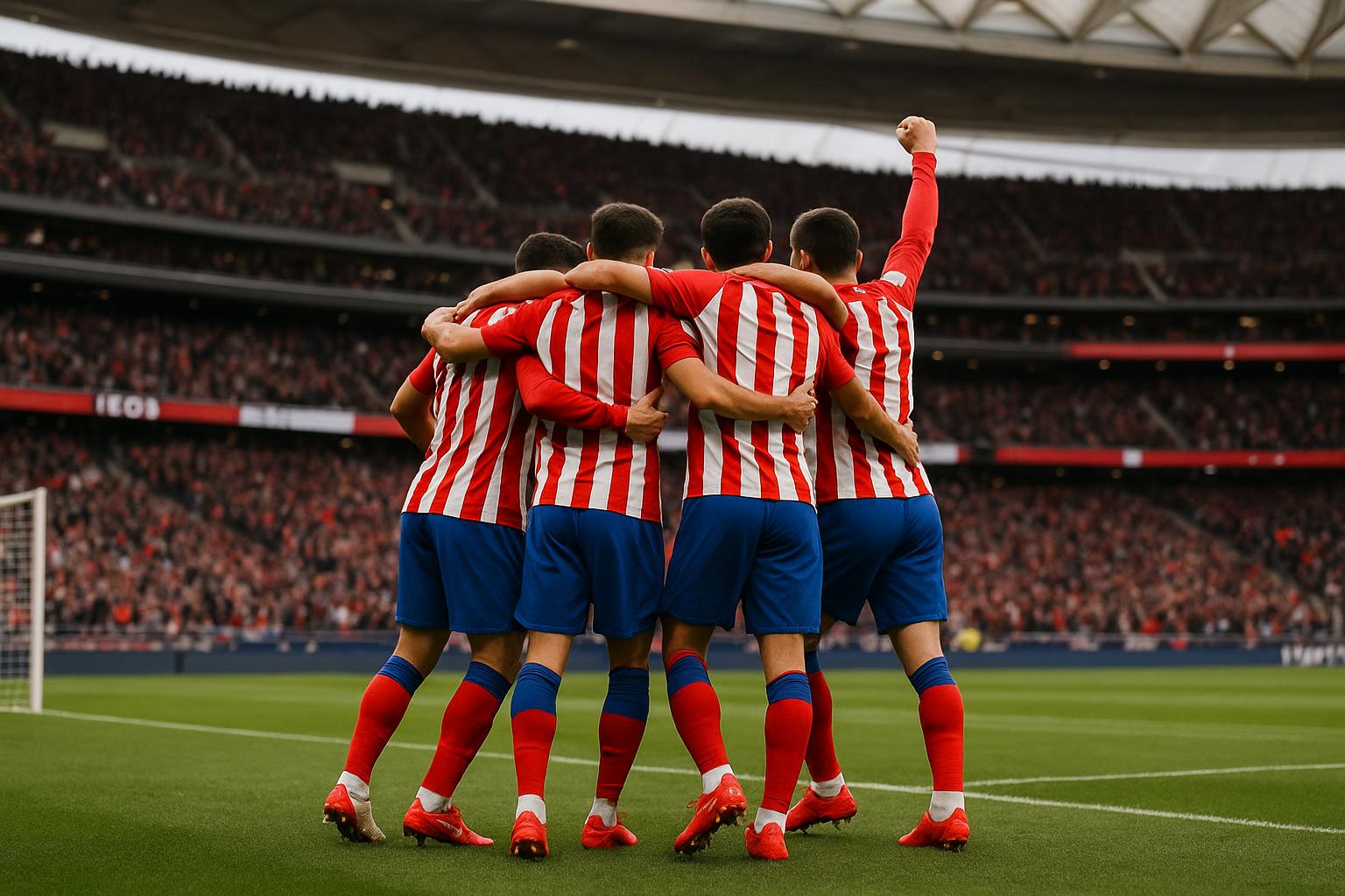 Spelers van Atlético Madrid vieren een doelpunt in het Metropolitano
