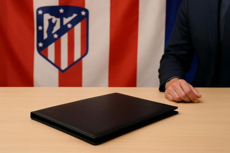 Een transferscène in het Estadio Metropolitano bij Atlético Madrid, met een contractmap en clubkleuren zichtbaar.