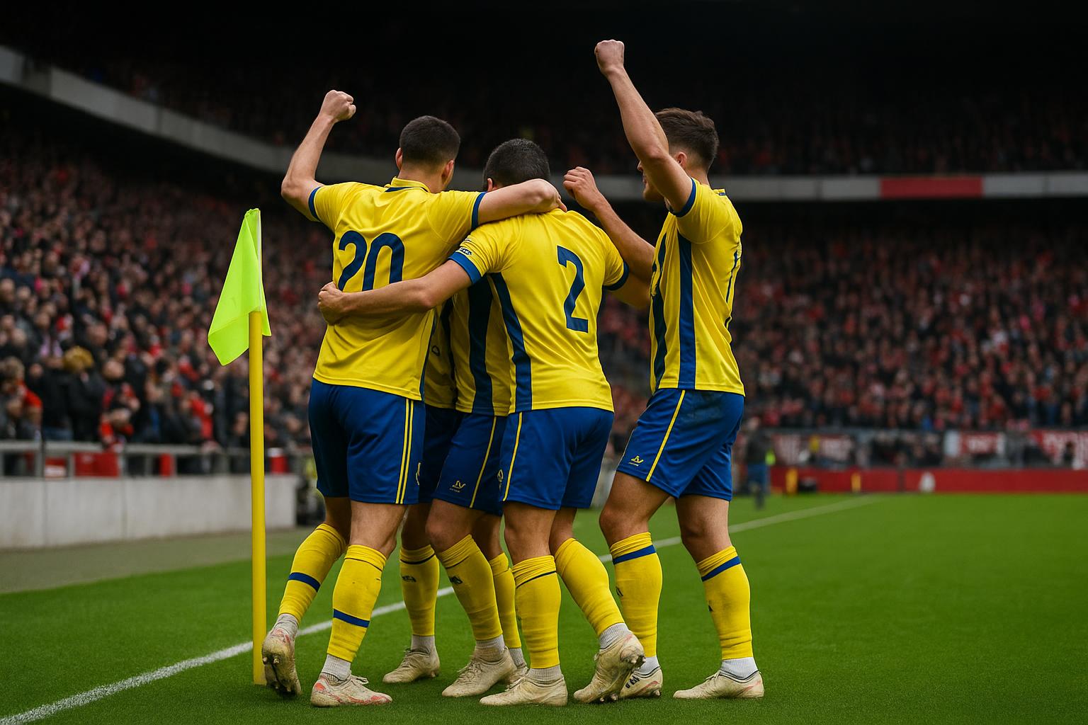 Union SG viert na de late 2-1 zege tegen Royal Antwerp FC, met Rob Schoofs in beeld