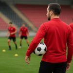 Training bij Zulte Waregem met de coach op de voorgrond, zonder herkenbare gezichten