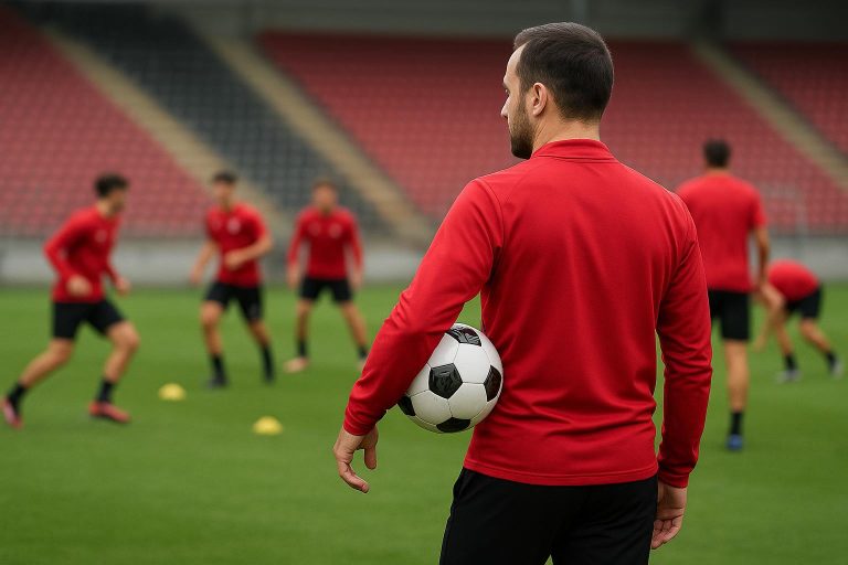 Training bij Zulte Waregem met de coach op de voorgrond, zonder herkenbare gezichten