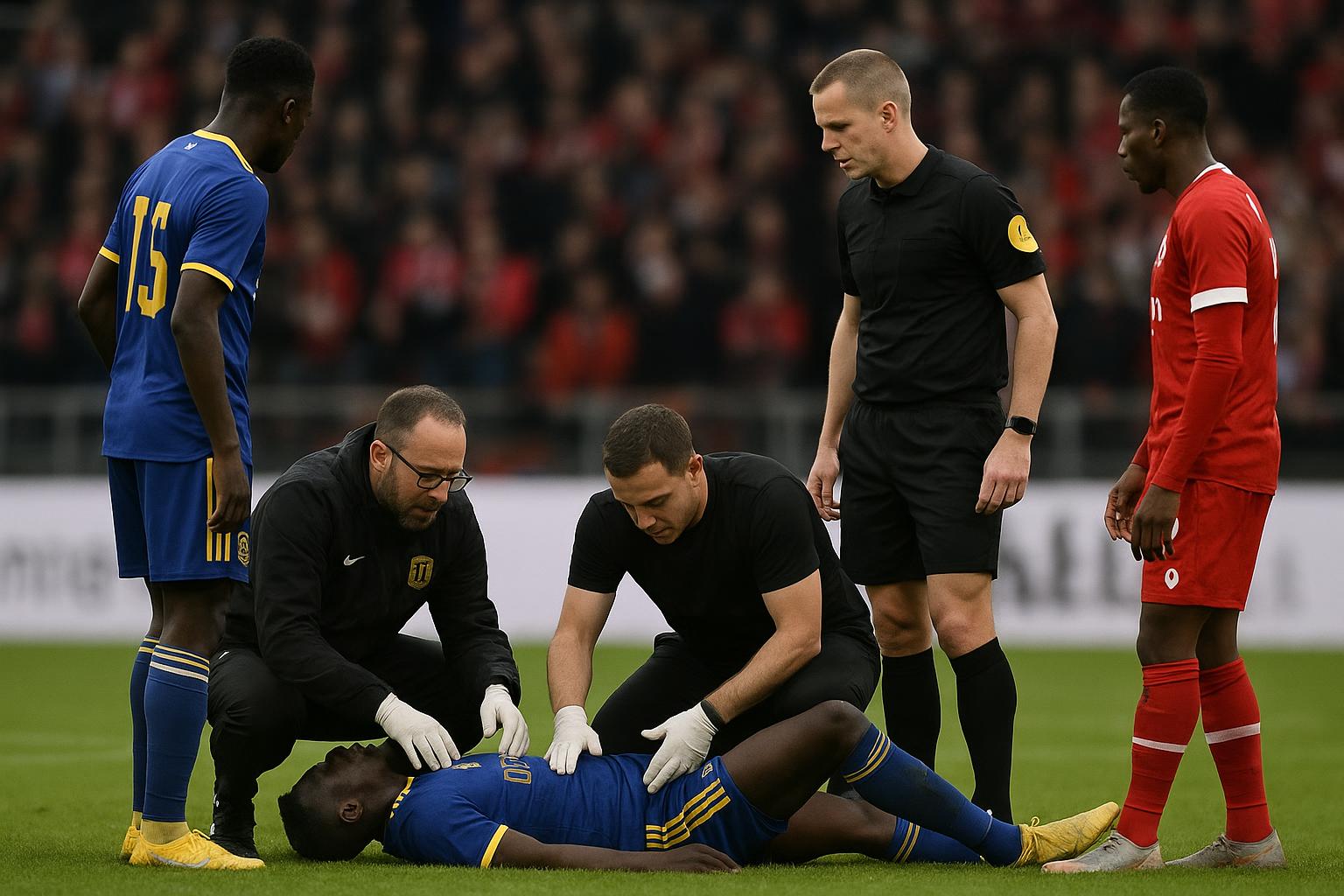 Een speler van Union SG wordt na een botsing op een draagberrie van het veld gebracht tijdens Union tegen Antwerp.