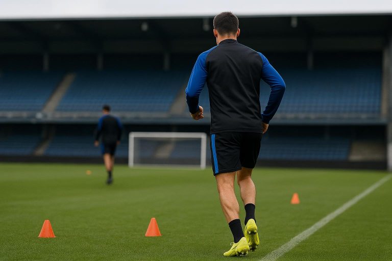 Een speler van Club Brugge op training, gefotografeerd vanop afstand zonder herkenbare gezichten.