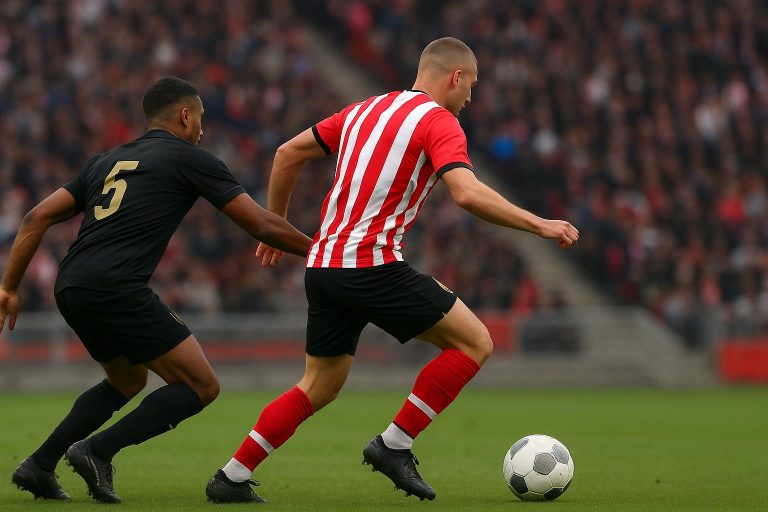 Mika Godts in actie tijdens een wedstrijd in de Eredivisie.