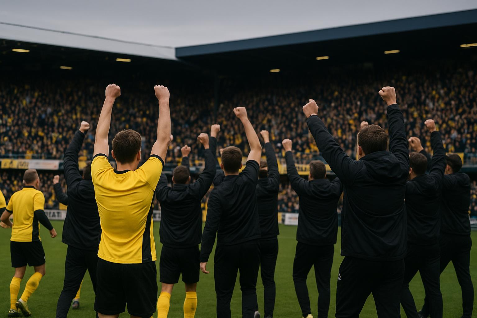 Spelers van SK Beveren vieren de promotie in het stadion na de match bij Patro.