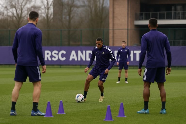 Sfeerbeeld van een trainingsmoment bij RSC Anderlecht op het oefencomplex