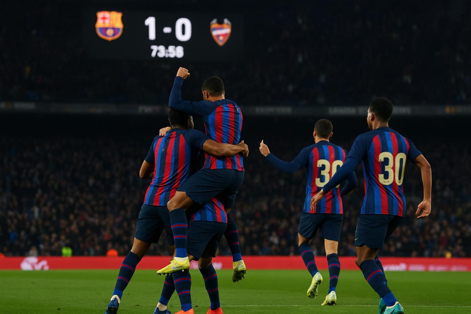 Spelers van FC Barcelona vieren een doelpunt tegen Levante in La Liga