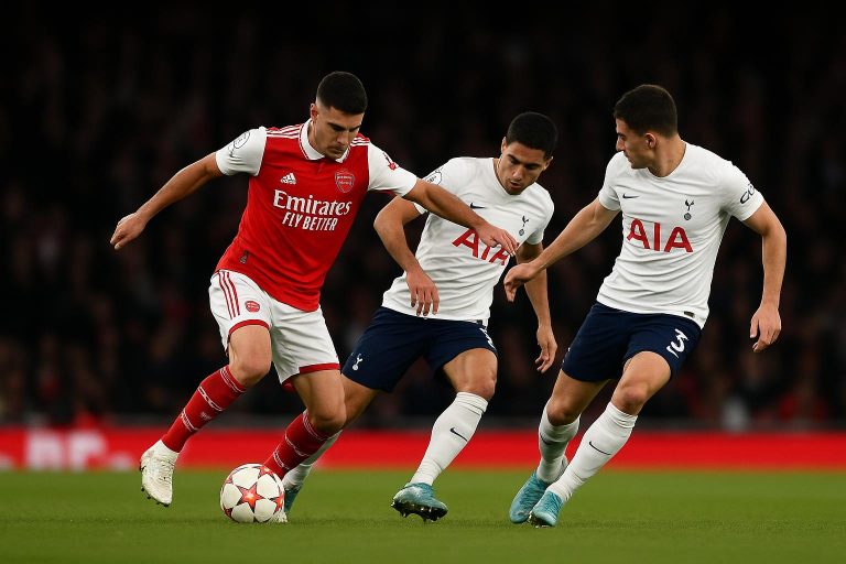 Spelmoment uit Tottenham tegen Arsenal in de North London Derby, met spelers in duel.