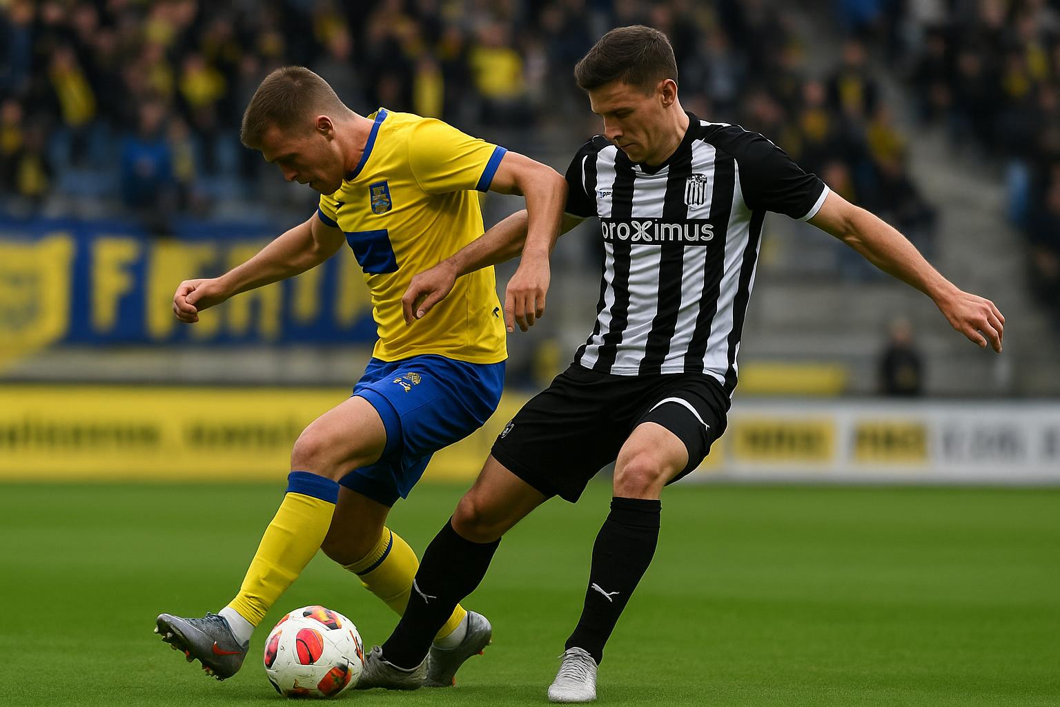 Spelmoment in โt Kuipje tijdens Westerlo-Charleroi, met duel om de bal in de slotfase