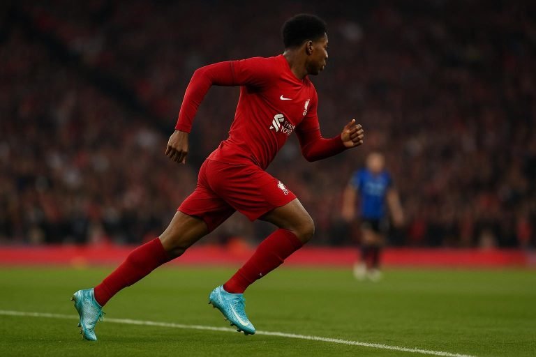 Een Liverpool-speler tijdens een wedstrijdmoment, met focus op een jonge flankaanvaller zonder herkenbare gezichten.