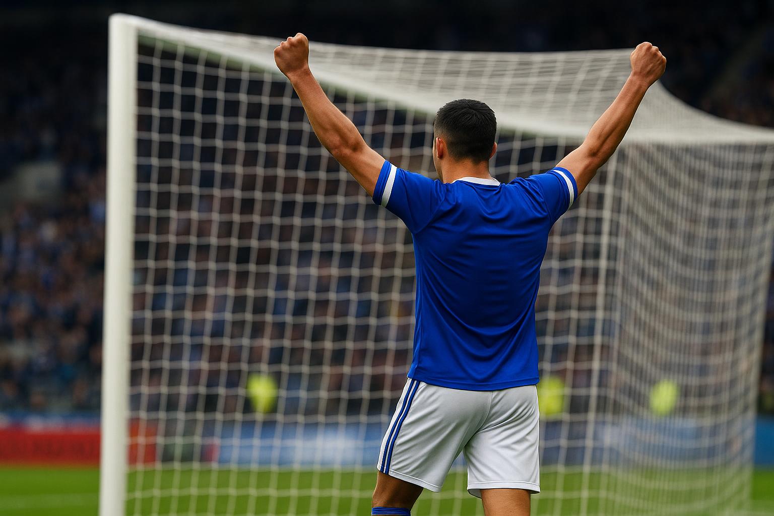 Diego Moreira viert na zijn doelpunt voor Strasbourg tegen Olympique Lyon in het Stade de la Meinau