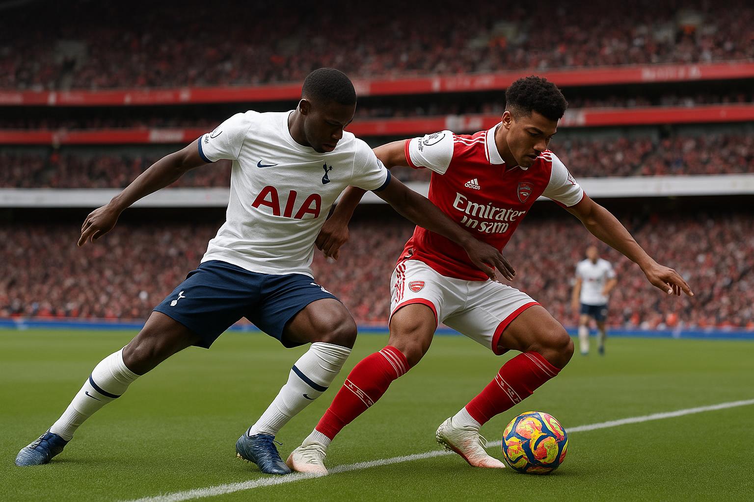 Spelmoment tijdens Tottenham tegen Arsenal in de North London Derby, met spelers in duel op het veld