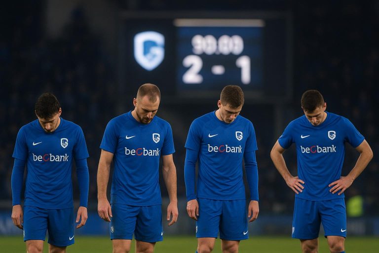 Spelers van KRC Genk in het stadion na de 0-3 nederlaag tegen Standard, met een teleurgestelde aanvoerder op de voorgrond