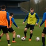 Ivan Leko van Club Brugge tijdens een trainingsmoment in aanloop naar Atlético Madrid, met spelers op de achtergrond