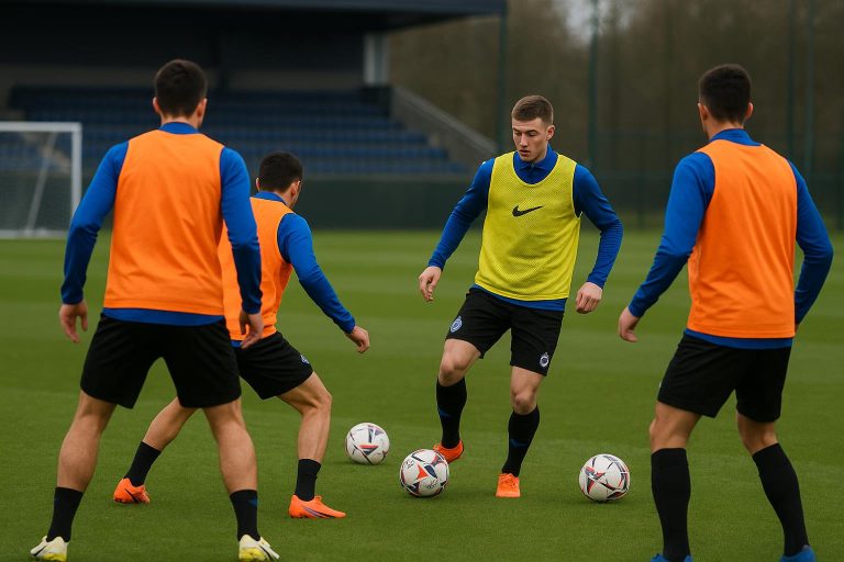 Ivan Leko van Club Brugge tijdens een trainingsmoment in aanloop naar Atlético Madrid, met spelers op de achtergrond