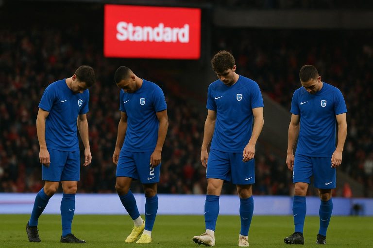 Spelers van KRC Genk druipen teleurgesteld af na de 0-3-nederlaag tegen Standard.