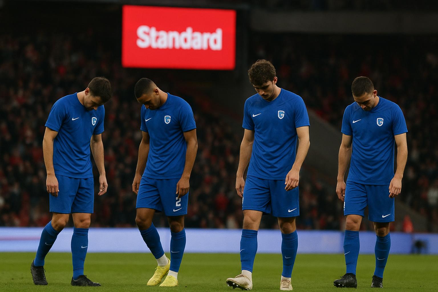 Spelers van KRC Genk druipen teleurgesteld af na de 0-3-nederlaag tegen Standard.