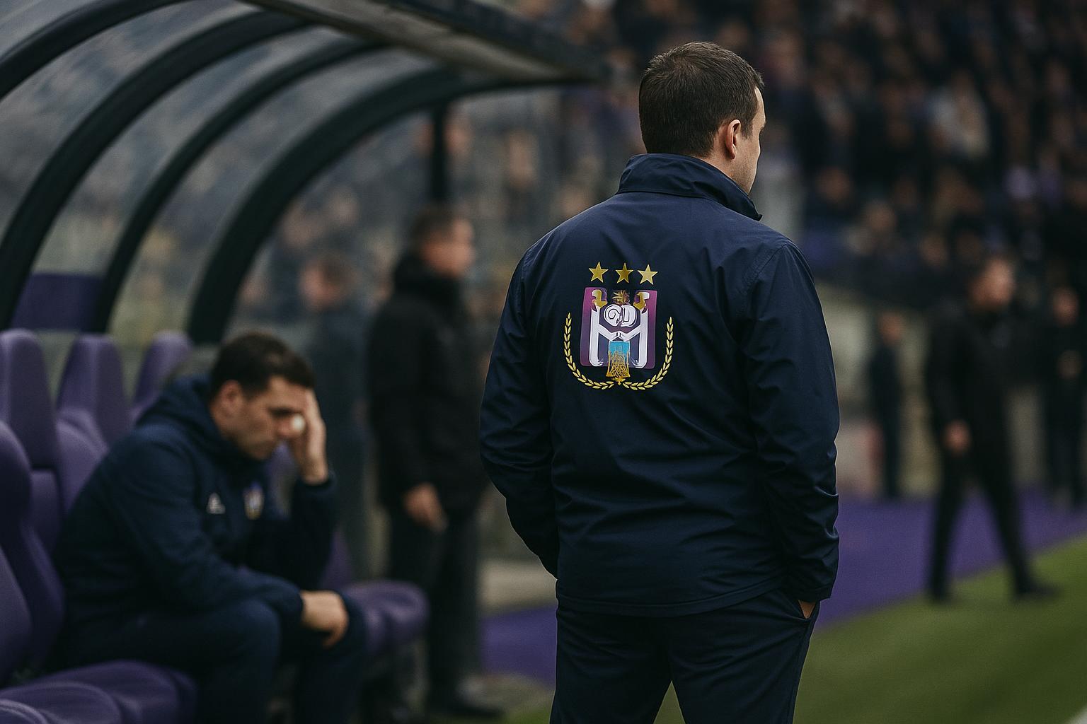 Zicht op de bank van RSC Anderlecht in een stadion, zonder herkenbare gezichten