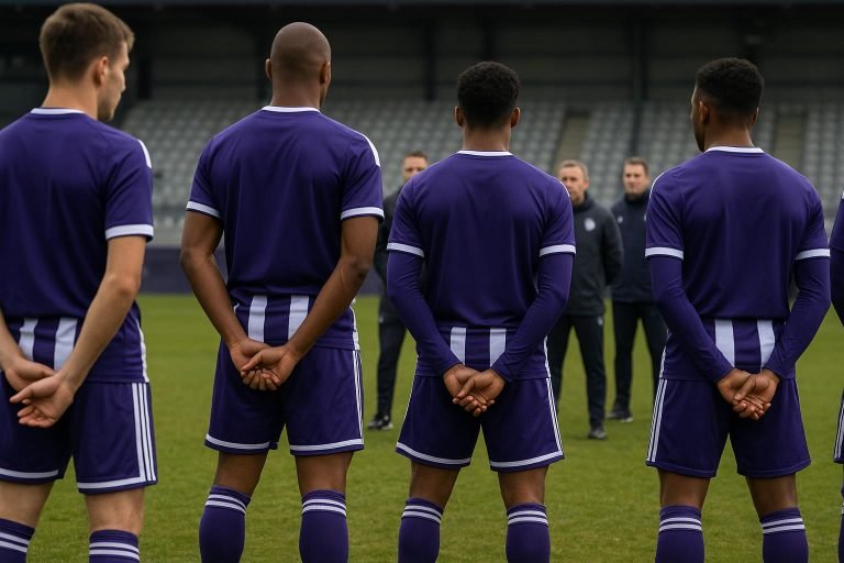 Spelers van RSC Anderlecht vieren samen een doelpunt in het stadion, met onherkenbare gezichten.