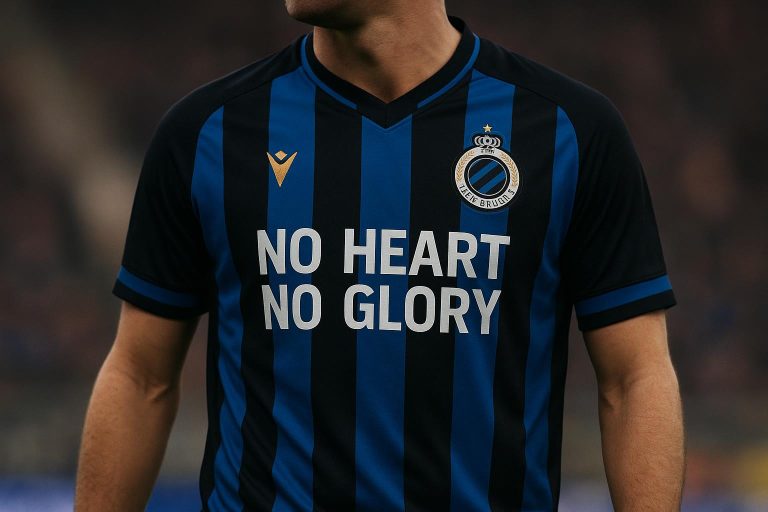 Een Club Brugge-shirt met de boodschap No Heart No Glory op de borst