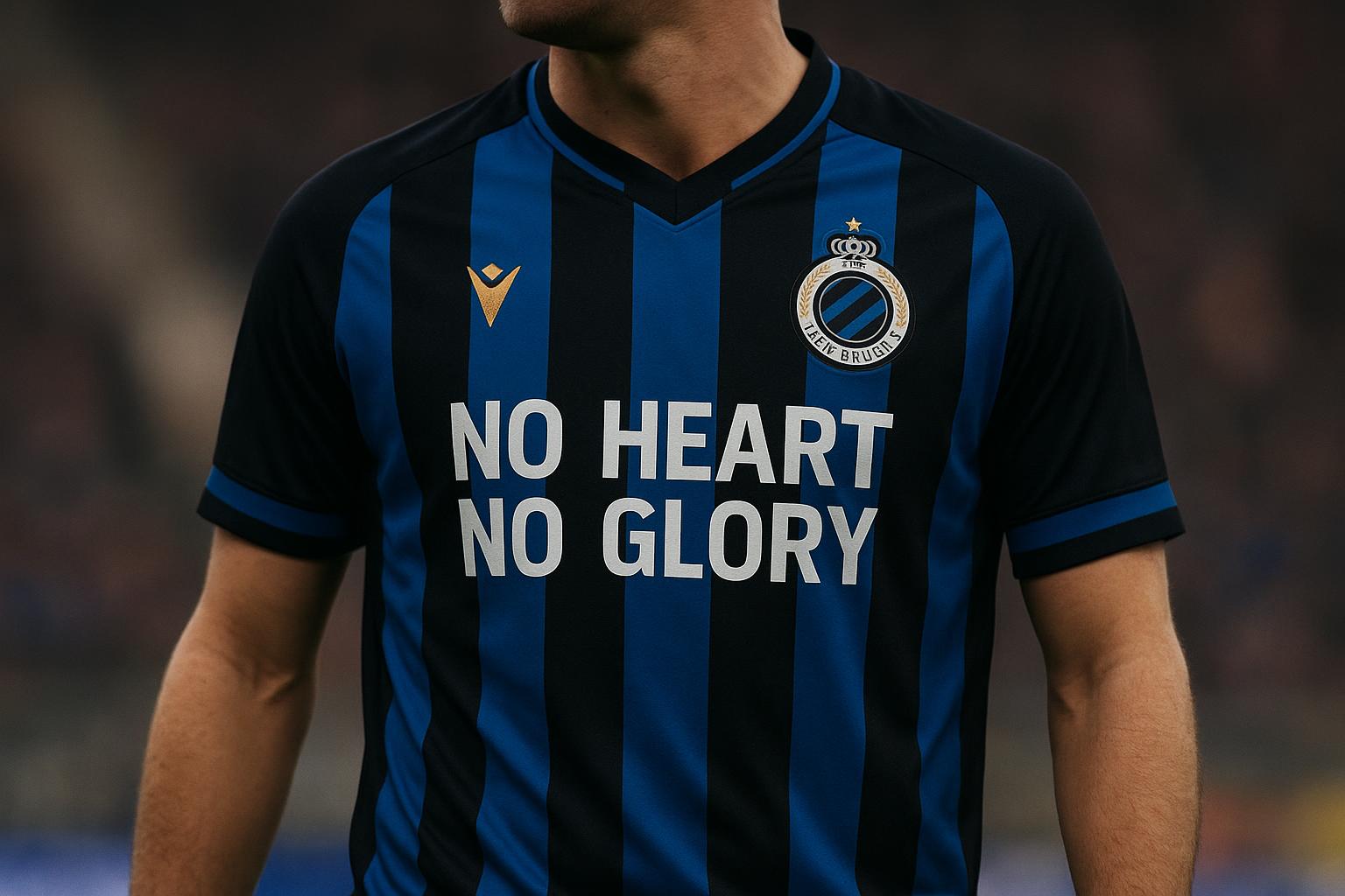 Een Club Brugge-shirt met de boodschap No Heart No Glory op de borst