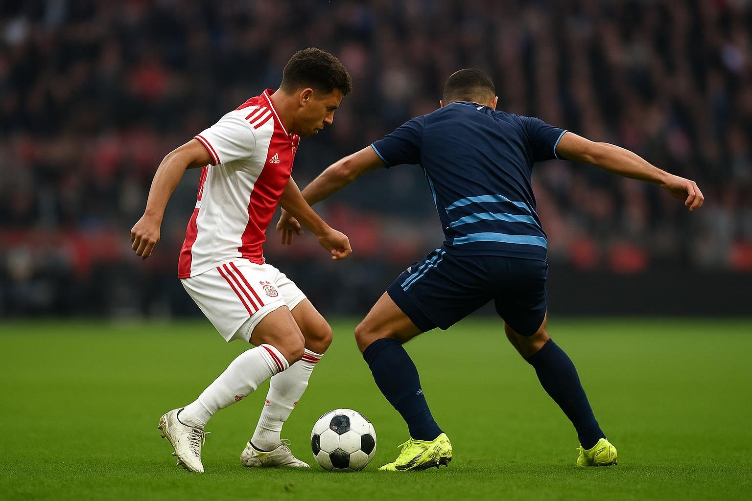 Mika Godts in actie voor Ajax tijdens een wedstrijd, gezien vanop afstand