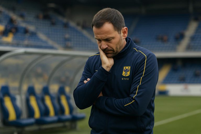 Wouter Vrancken langs de zijlijn bij STVV tijdens een wedstrijd op Stayen